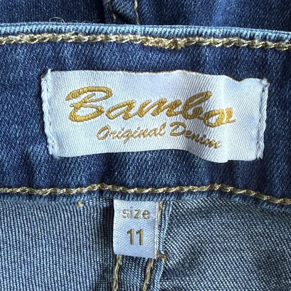 Bamboo Jeans Junior 11 Blue Floral Embroidered Stretch Bootcut Flare Bell Bottom - Picture 4 of 9